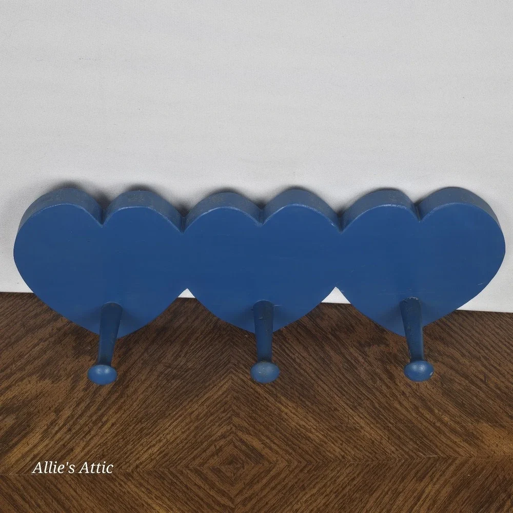 Wooden Hearts Hanging Cottagecore Blue Peg Country Coat Keys Hanger Wall Decor